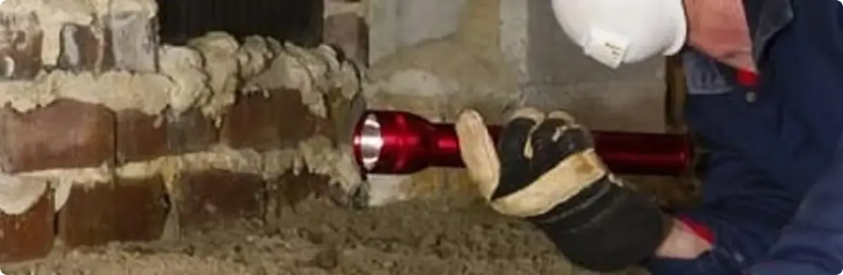 Pest control technician inspecting a crawl space for ant activity in Madison Heights, MI
