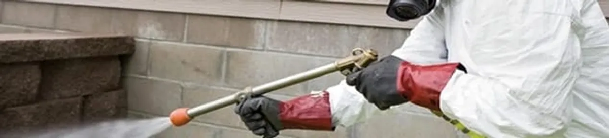 Pest control technician applying exterior insect treatment along a home foundation in Sterling Heights, MI
